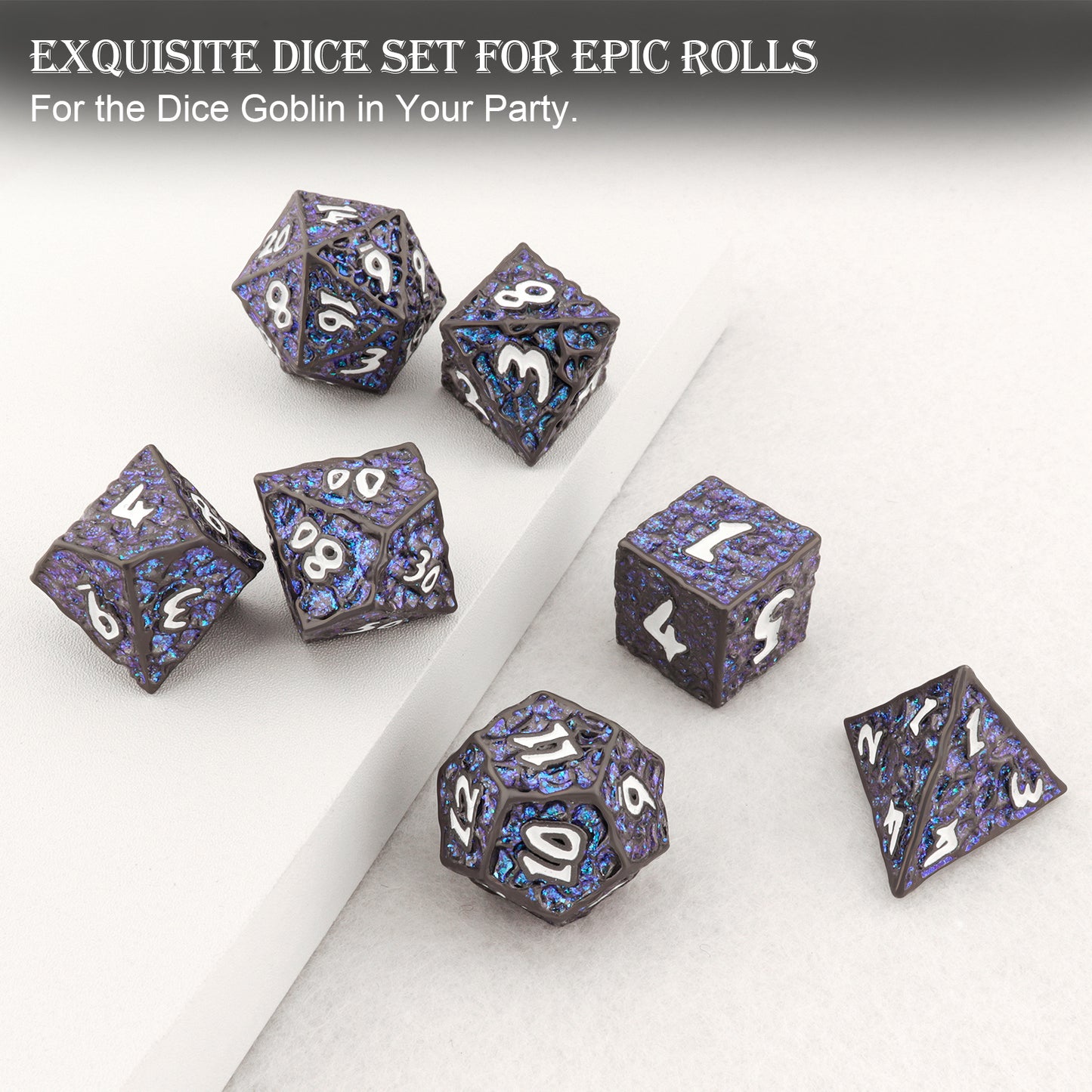 Haxtec Meteorite Texture Metal DnD Dice Set Flash Blue Purple with White Numbers