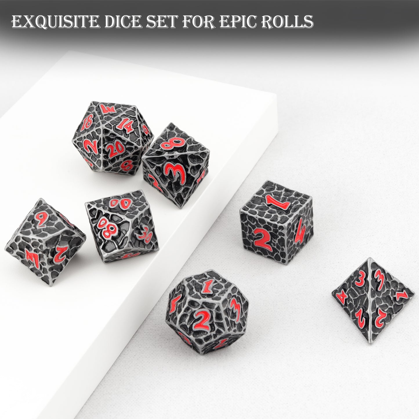 Haxtec Meteorite Texture Metal DnD Dice Set Iron Red Numbers
