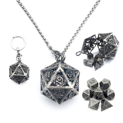 Haxtec Mini Metal Dice Set D&D with Hollow D20 Dice Case Metal Keychain Dice