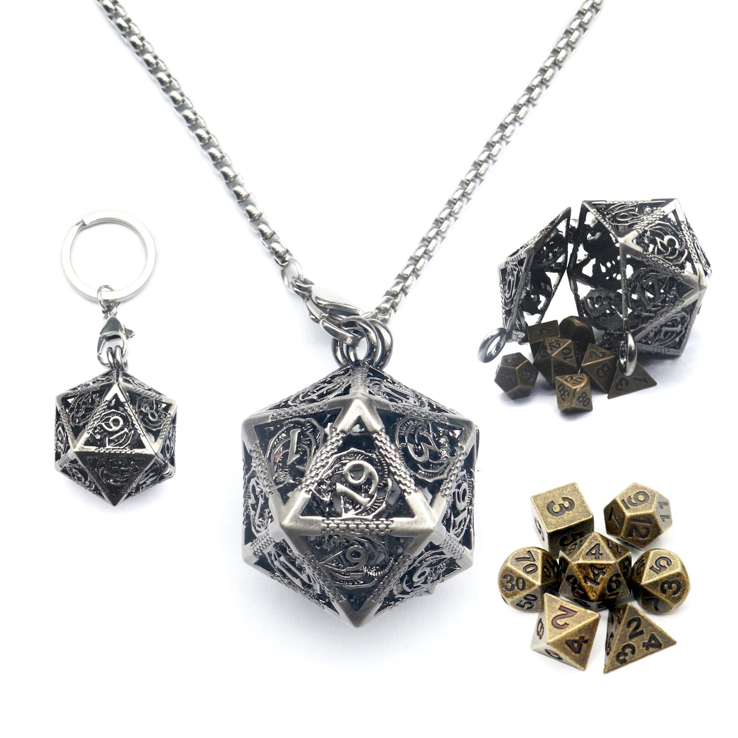 Haxtec Mini Metal Dice Set D&D with Hollow D20 Dice Case Metal Keychain Dice