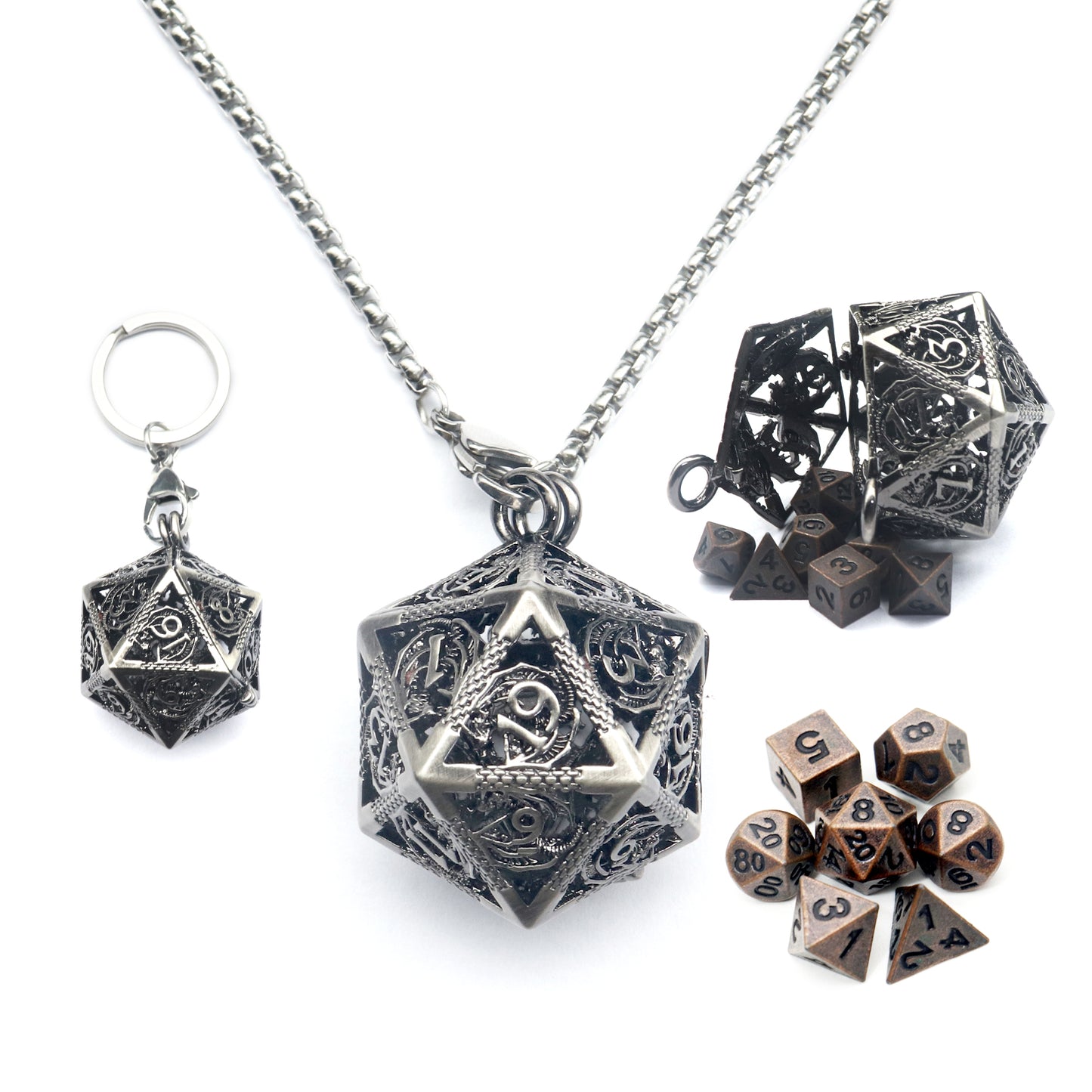 Haxtec Mini Metal Dice Set D&D with Hollow D20 Dice Case Metal Keychain Dice