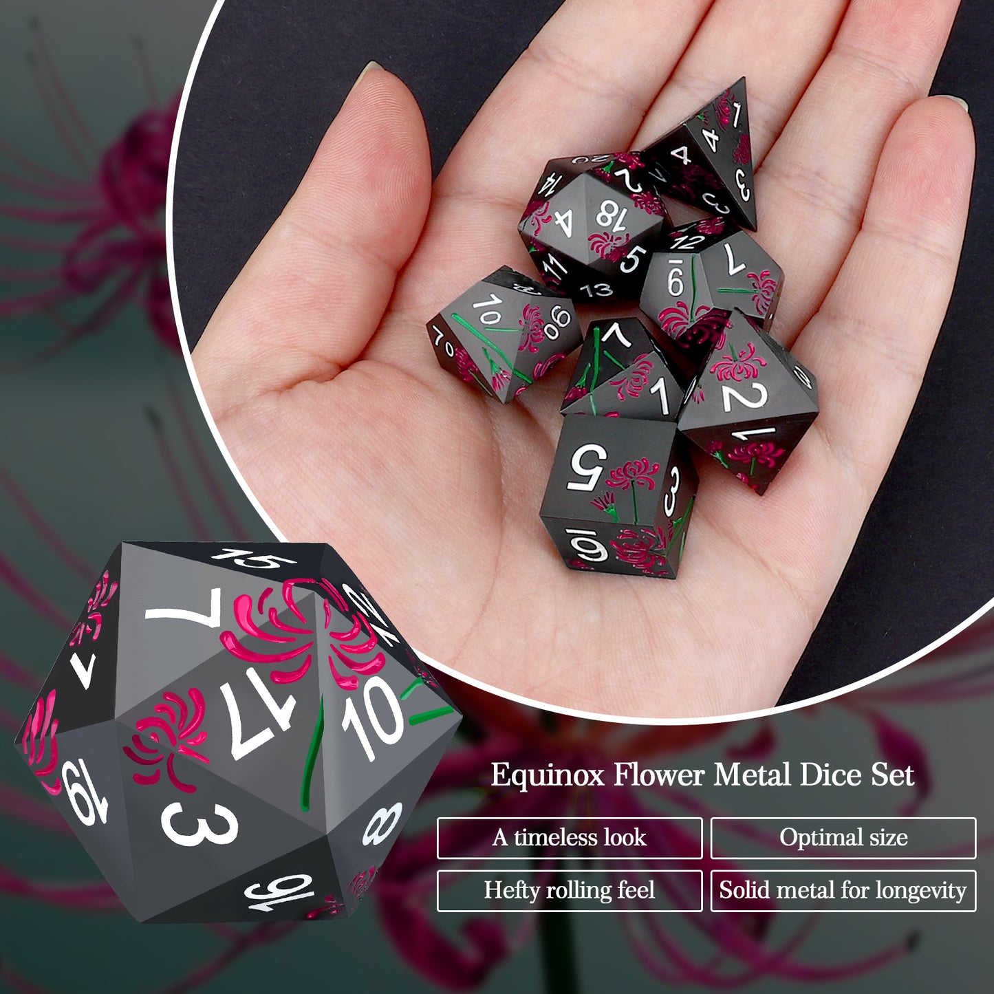 Haxtec Magenta Spider Lily Flower Metal DND Dice Set for Dungeons and Dragons TTRPG-Black Hot Pink