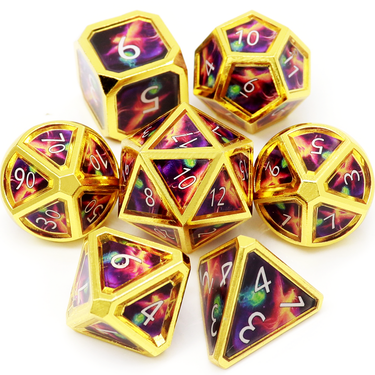 Haxtec Real Scene Metal Dice Set Gold Purple RPG Dice for DND 5E-Meteor Swarm