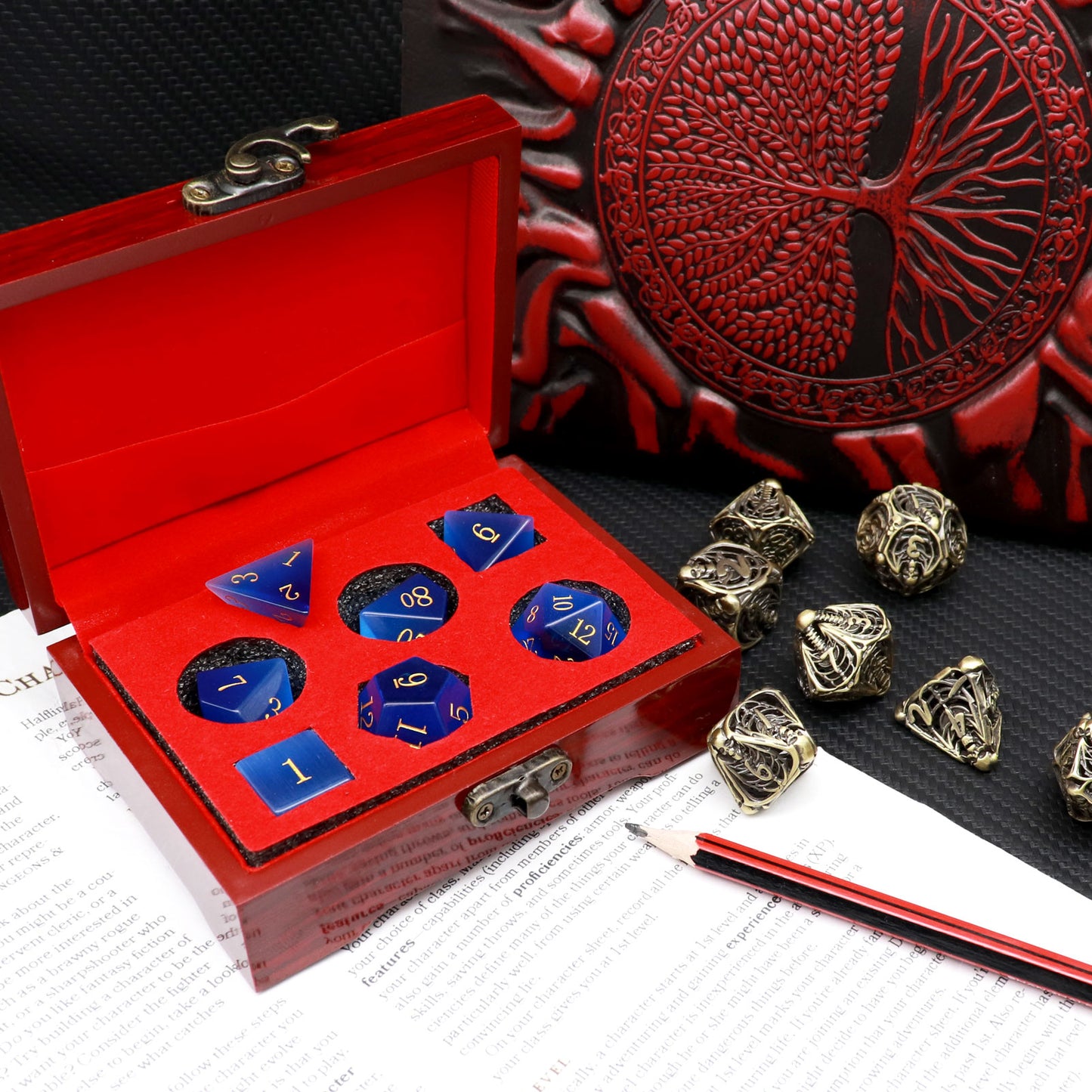 Haxtec Mystery Gemstone DND Dice Set with Wood Dice Case