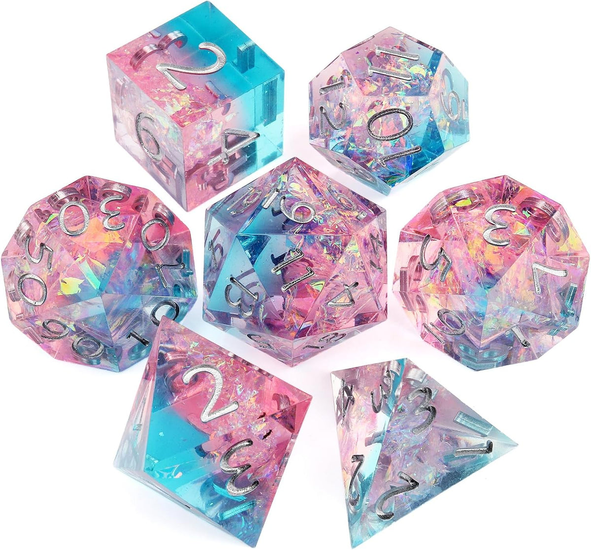 Haxtec Sparkling Sharp Edge Dice Set - Handmade Resin DND Dice with Iridescent Mylar Inclusion, Light Purple and Blue(Copy)