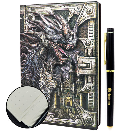 Haxtec DND Notebook Dotte Grid 3D Embossed Dragon Leather Journal W/ Pen Fantasy DND Journal for TTRPG Dungeons and Dragons DM & Player Gifts A5