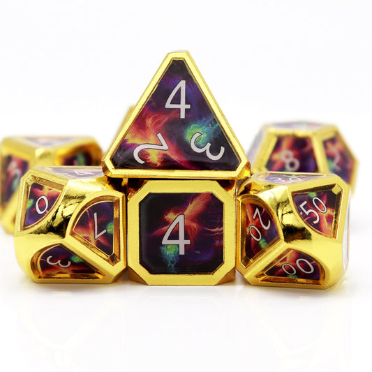 Haxtec Real Scene Metal Dice Set Gold Purple RPG Dice for DND 5E-Meteor Swarm