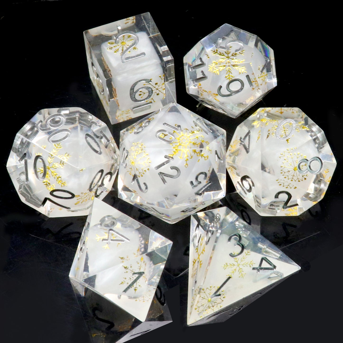 Haxtec Sharp Edge Dice Set Cute Gold Snow Flakes Christmas Resin DND Dice Set with Dice Case