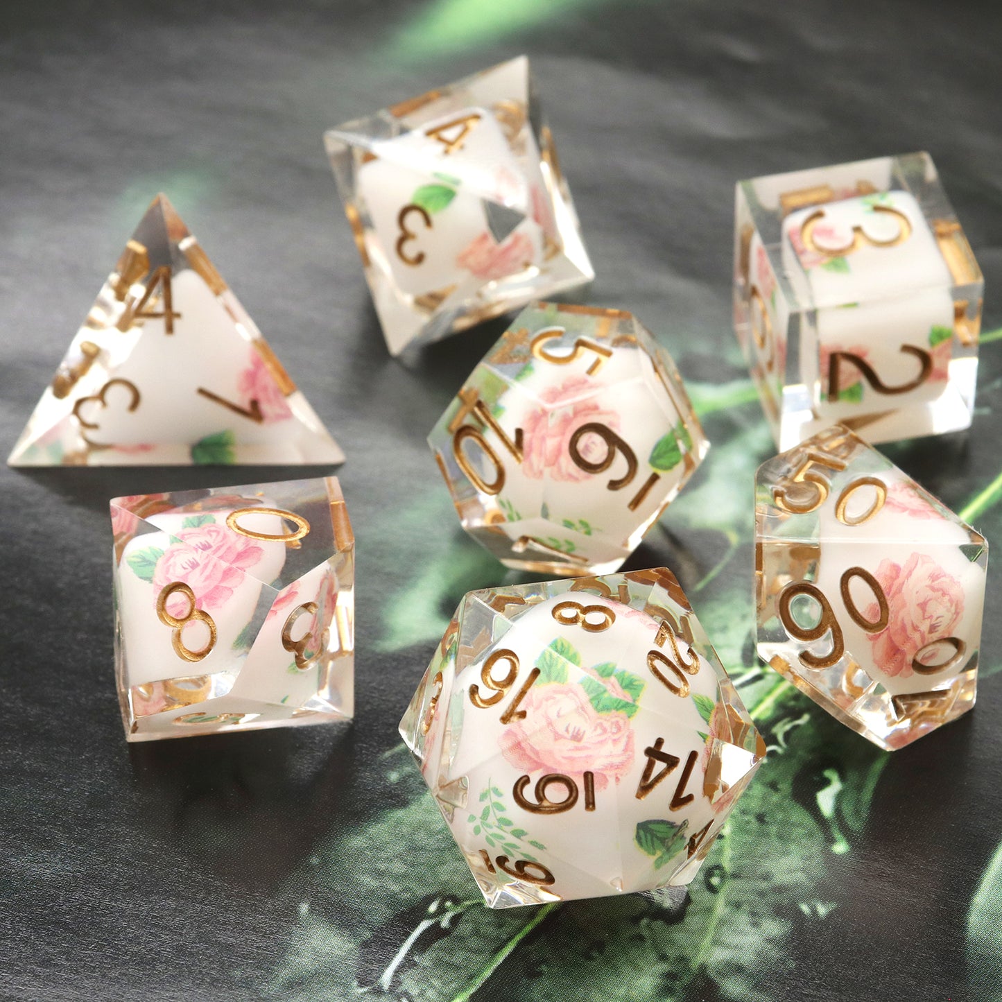 Haxtec Flower Sharp Edge Dice Set DND Dice Pink Rose Sticker D&D Dice for RPG Role Playing Dungeons and Dragons Gift