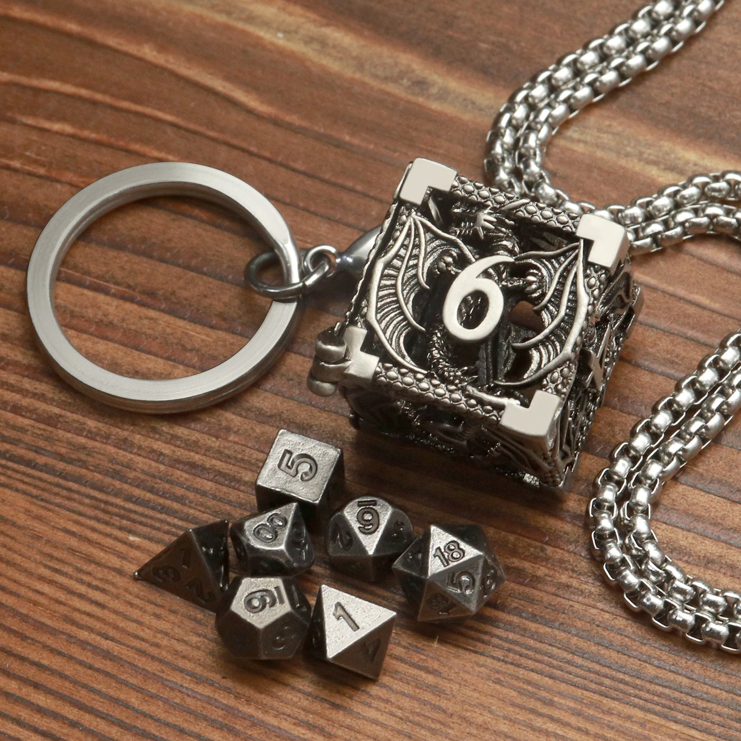 Haxtec Mini Metal Dice Set Necklace D&D Hollow D6 Dice Keychain DND Dice Gamer Gifts