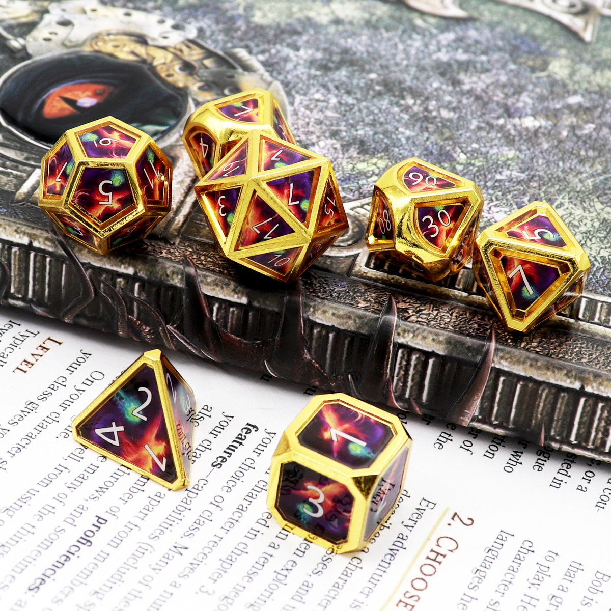 Haxtec Real Scene Metal Dice Set Gold Purple RPG Dice for DND 5E-Meteor Swarm
