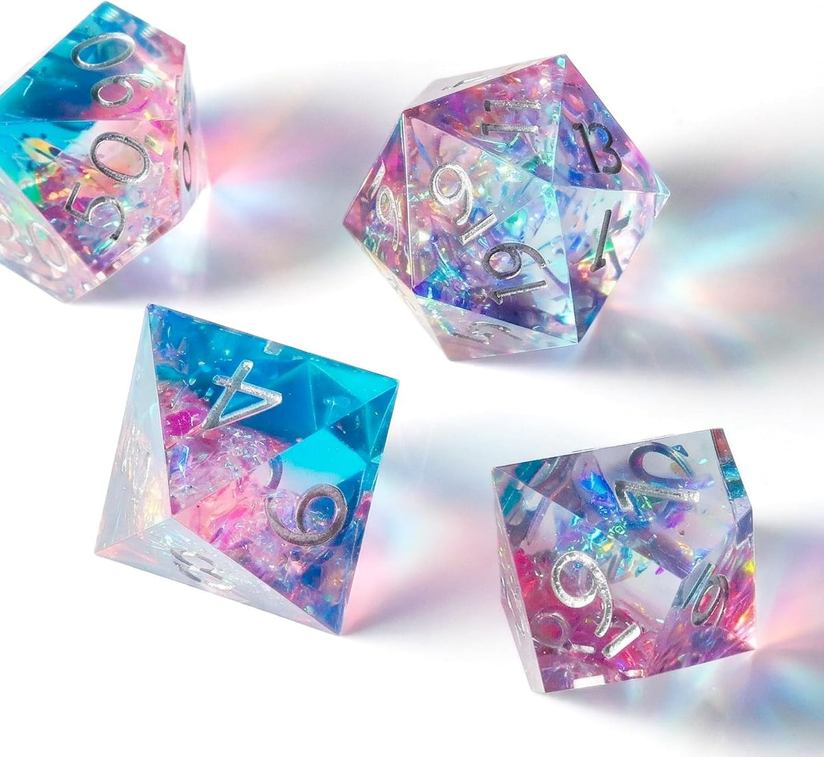 Haxtec Sparkling Sharp Edge Dice Set - Handmade Resin DND Dice with Iridescent Mylar Inclusion, Light Purple and Blue(Copy)