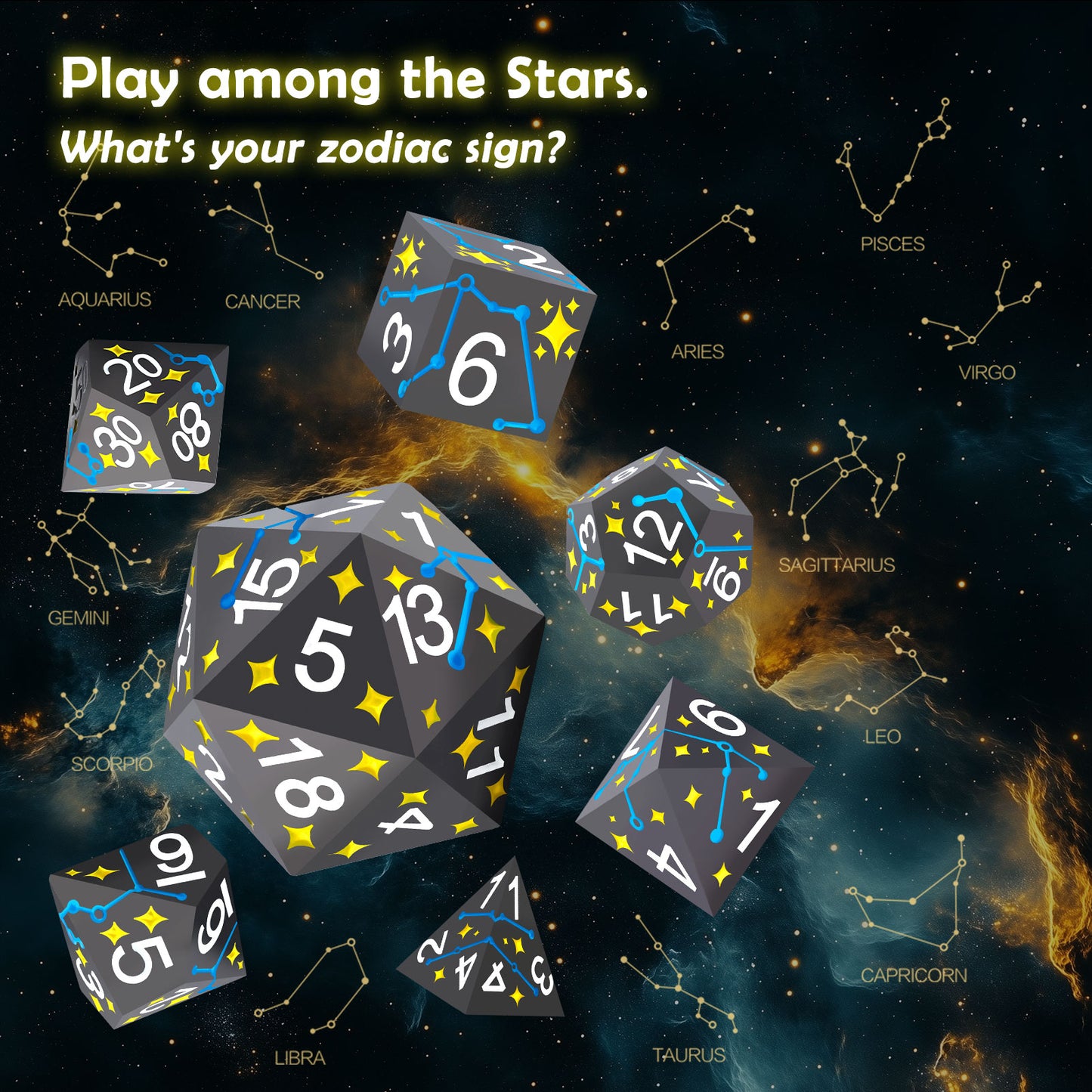 Haxtec Star Track Metal DND Dice Set for Dungeons and Dragons TTRPG-Black Blue Yellow