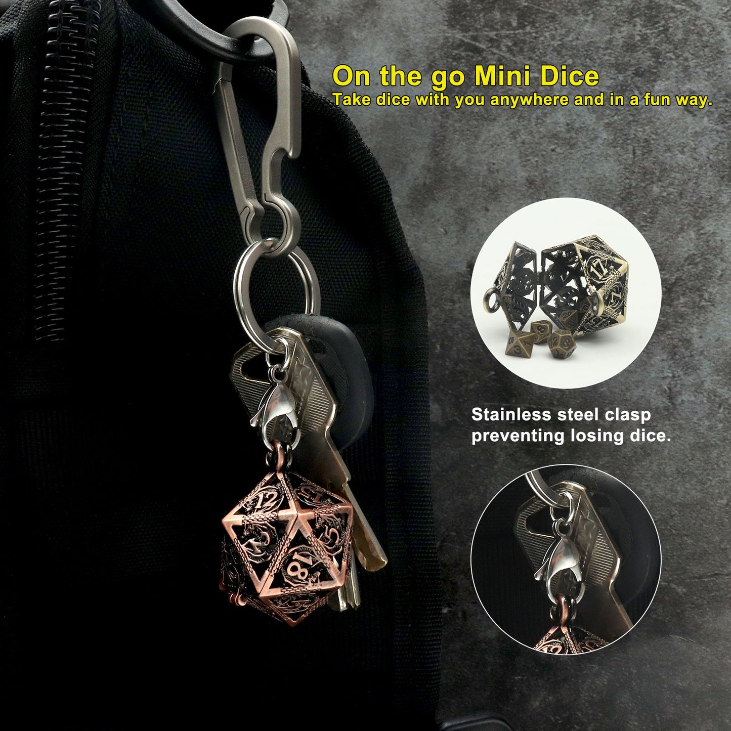 Haxtec Mini Metal Dice Set D&D with Hollow D20 Dice Case Metal Keychain Dice
