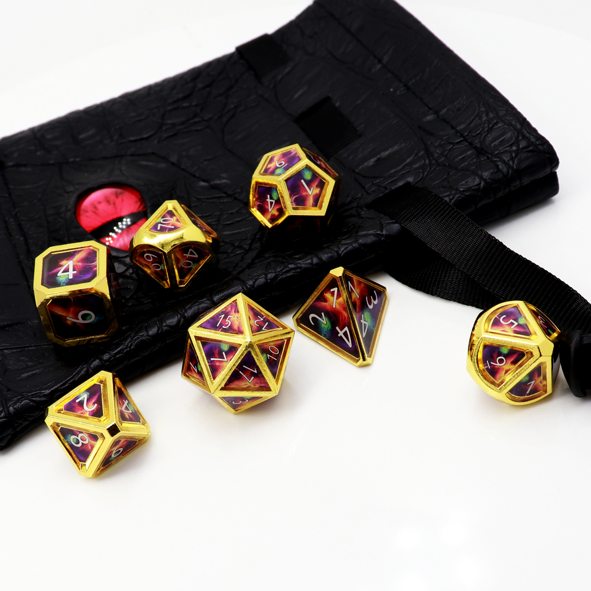 Haxtec Real Scene Metal Dice Set Gold Purple RPG Dice for DND 5E-Meteor Swarm