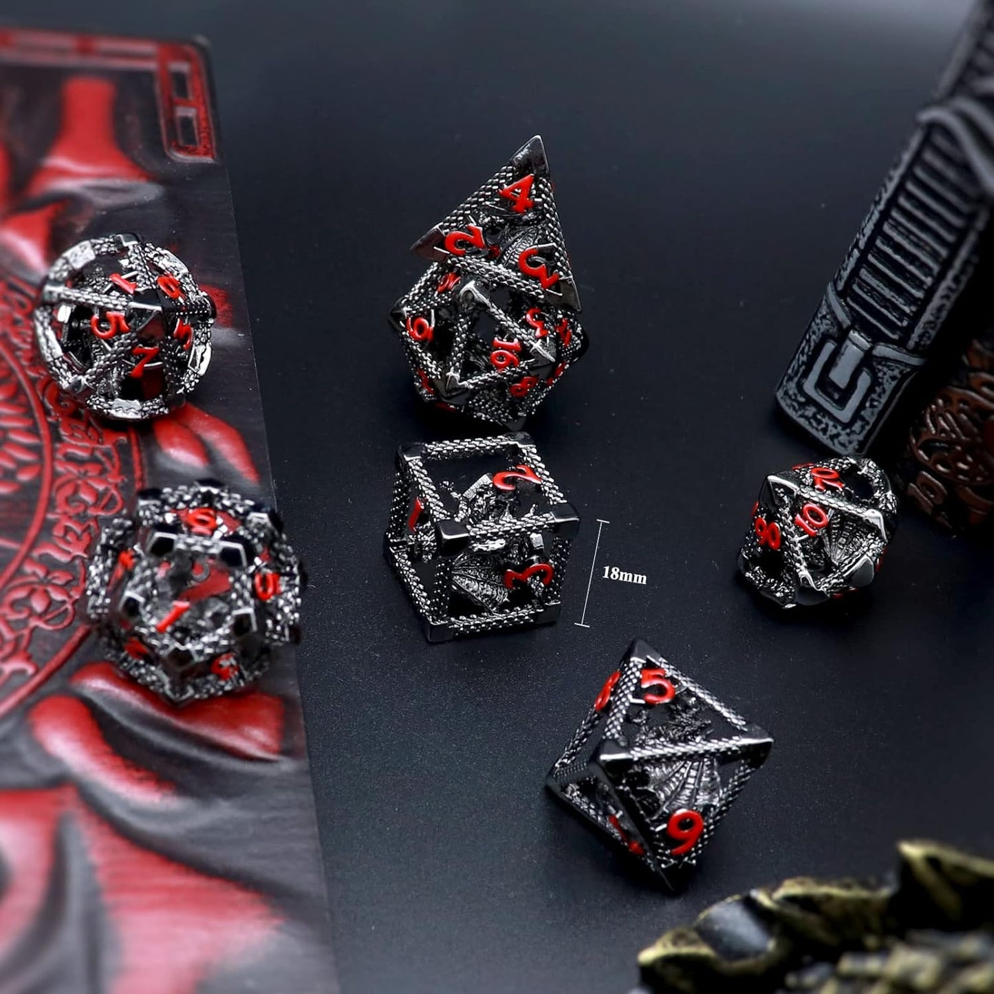 Haxtec Hollow Dragon Metal DND Dice Set With Leather Dice Bag for Dungoens and Dragons RPG Gift Black Red Numbers
