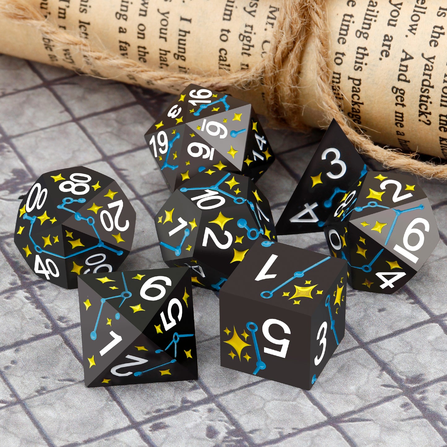 Haxtec Star Track Metal DND Dice Set for Dungeons and Dragons TTRPG-Black Blue Yellow