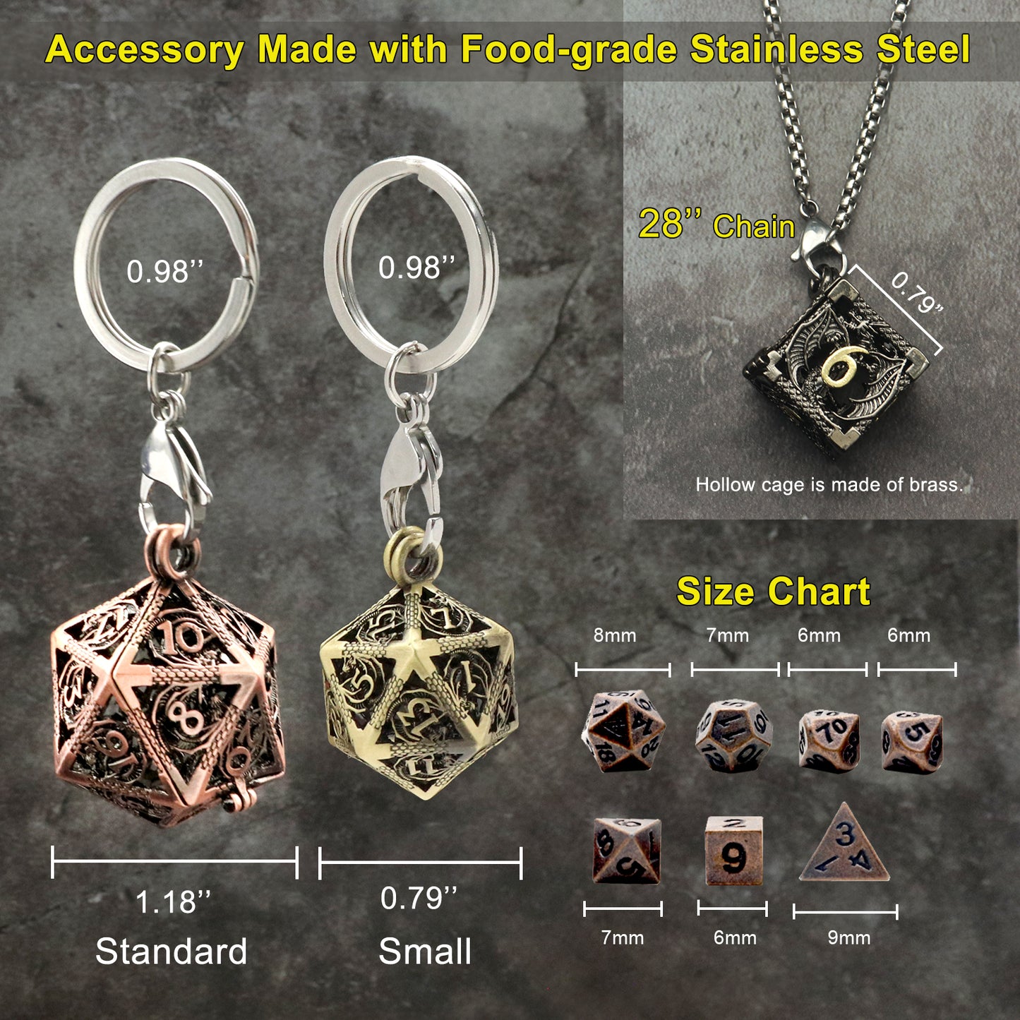 Haxtec Mini Metal Dice Set D&D with Hollow D20 Dice Case Metal Keychain Dice