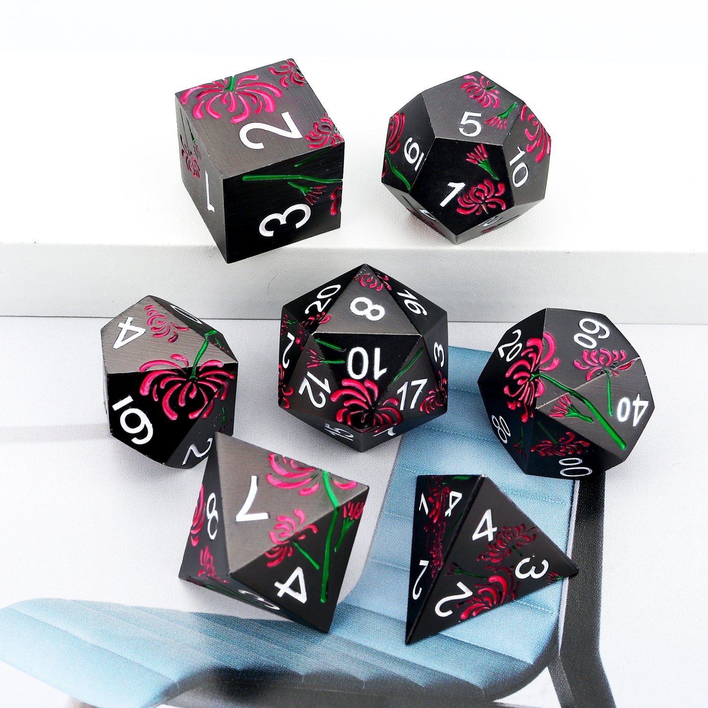 Haxtec Magenta Spider Lily Flower Metal DND Dice Set for Dungeons and Dragons TTRPG-Black Hot Pink