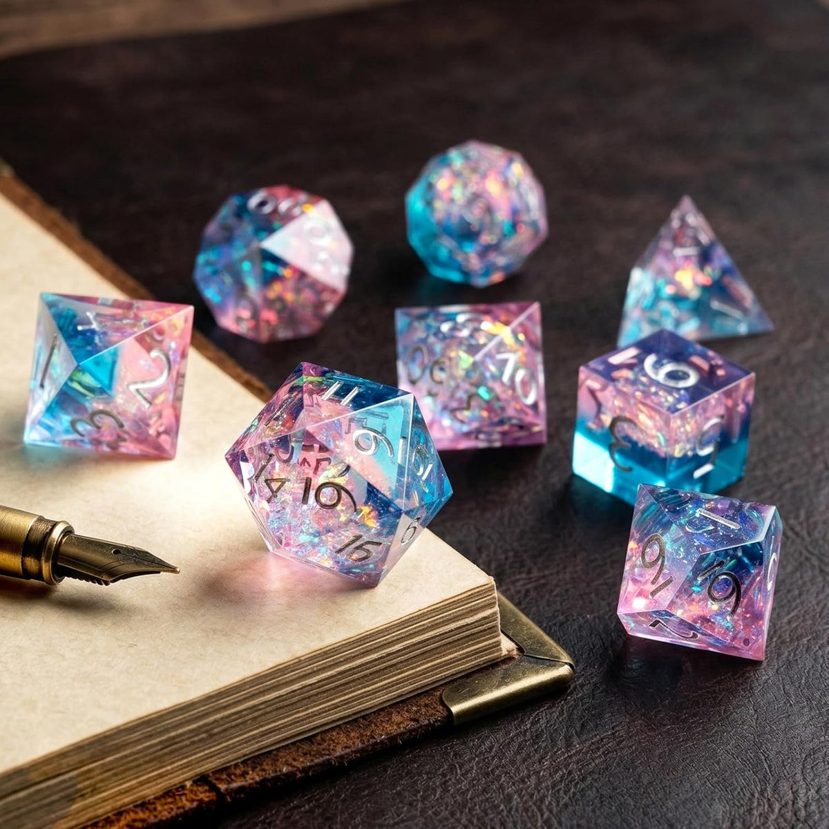 Haxtec Sparkling Sharp Edge Dice Set - Handmade Resin DND Dice with Iridescent Mylar Inclusion, Light Purple and Blue(Copy)