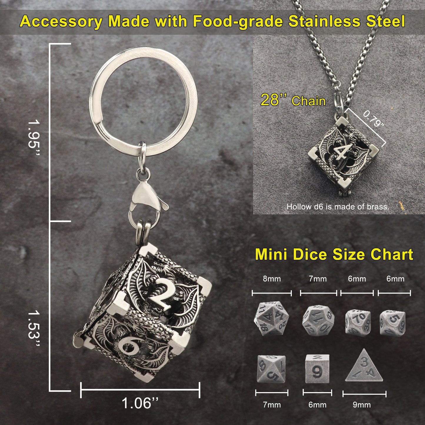 Haxtec Mini Metal Dice Set Necklace D&D Hollow D6 Dice Keychain DND Dice Gamer Gifts