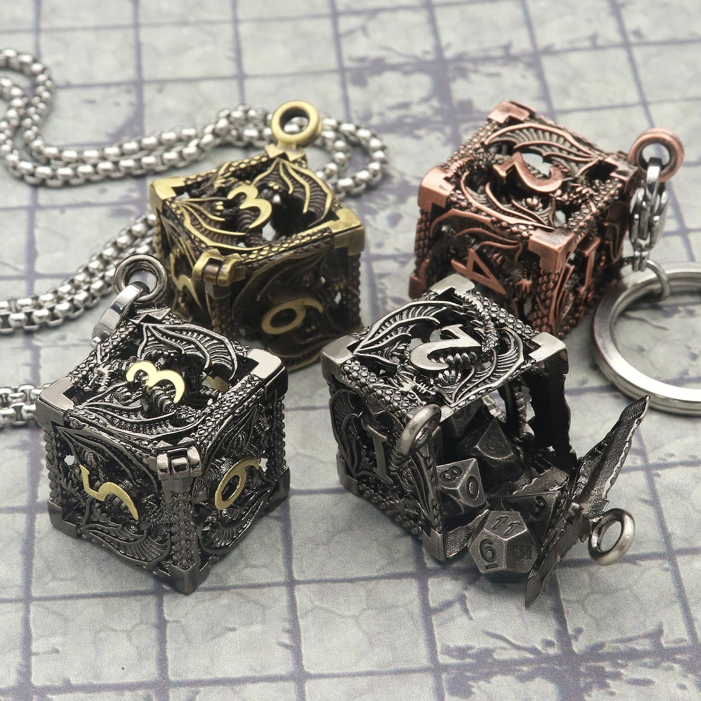 Haxtec Mini Metal Dice Set Necklace D&D Hollow D6 Dice Keychain DND Dice Gamer Gifts