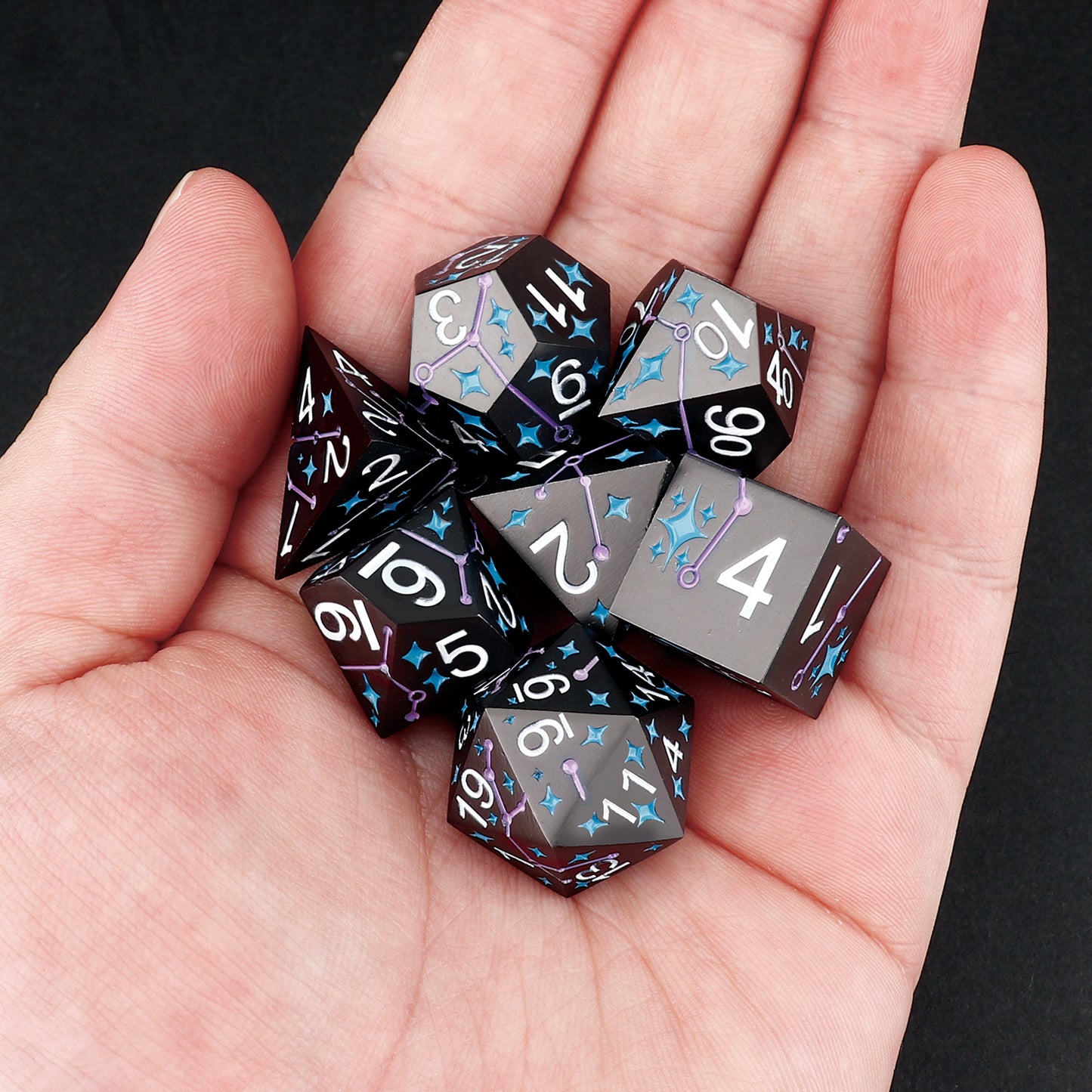 Haxtec Star Track Metal DND Dice Set for Dungeons and Dragons TTRPG-Black Purple Blue