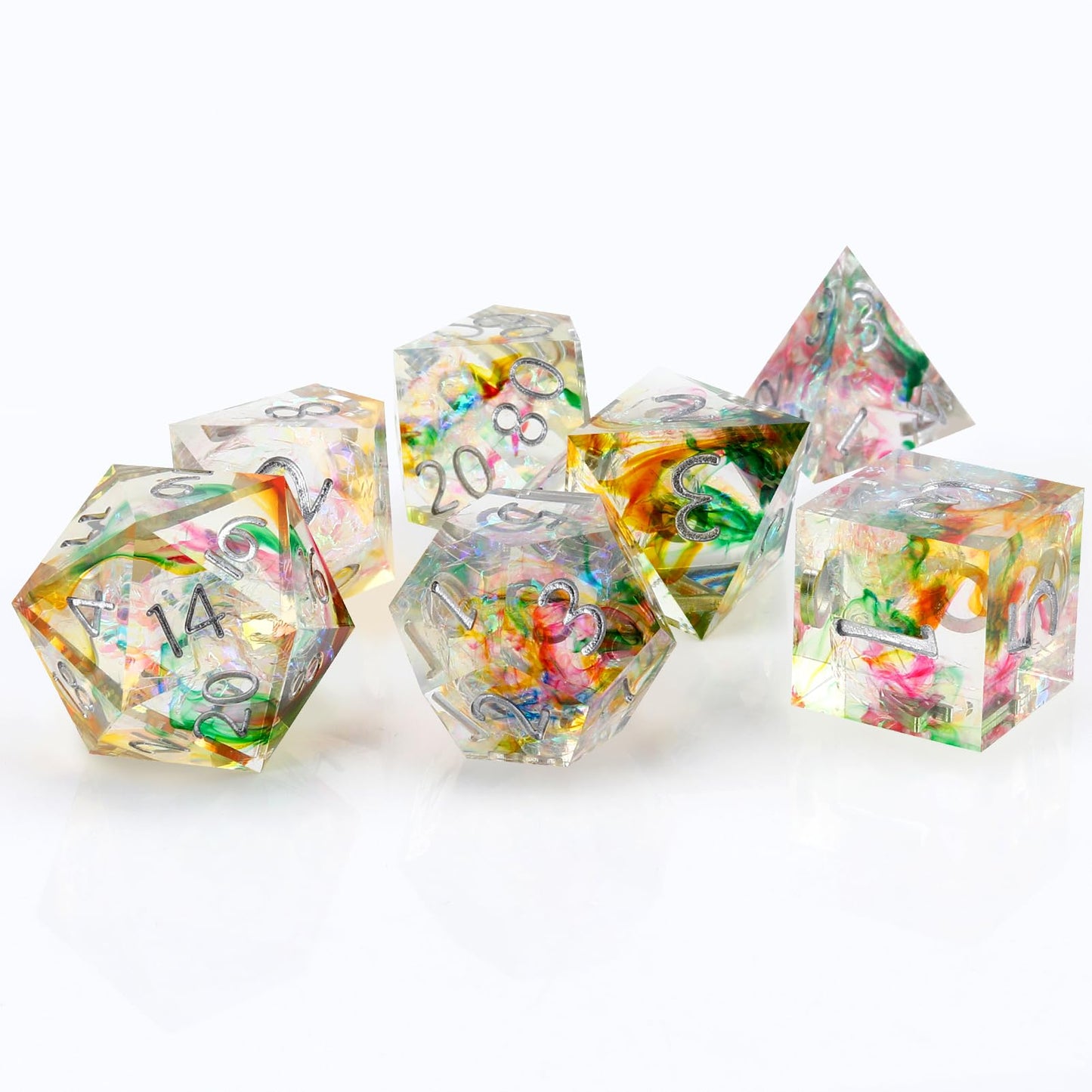 Haxtec Clear Resin Sharp Edge DND Dice Set – Rainbow Holographic Polyhedral Dice with Metal Case