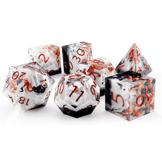 Haxtec Earth Landscape DND Sharp Edge Resin Dice Set Black White Copper Dice with Metal Case