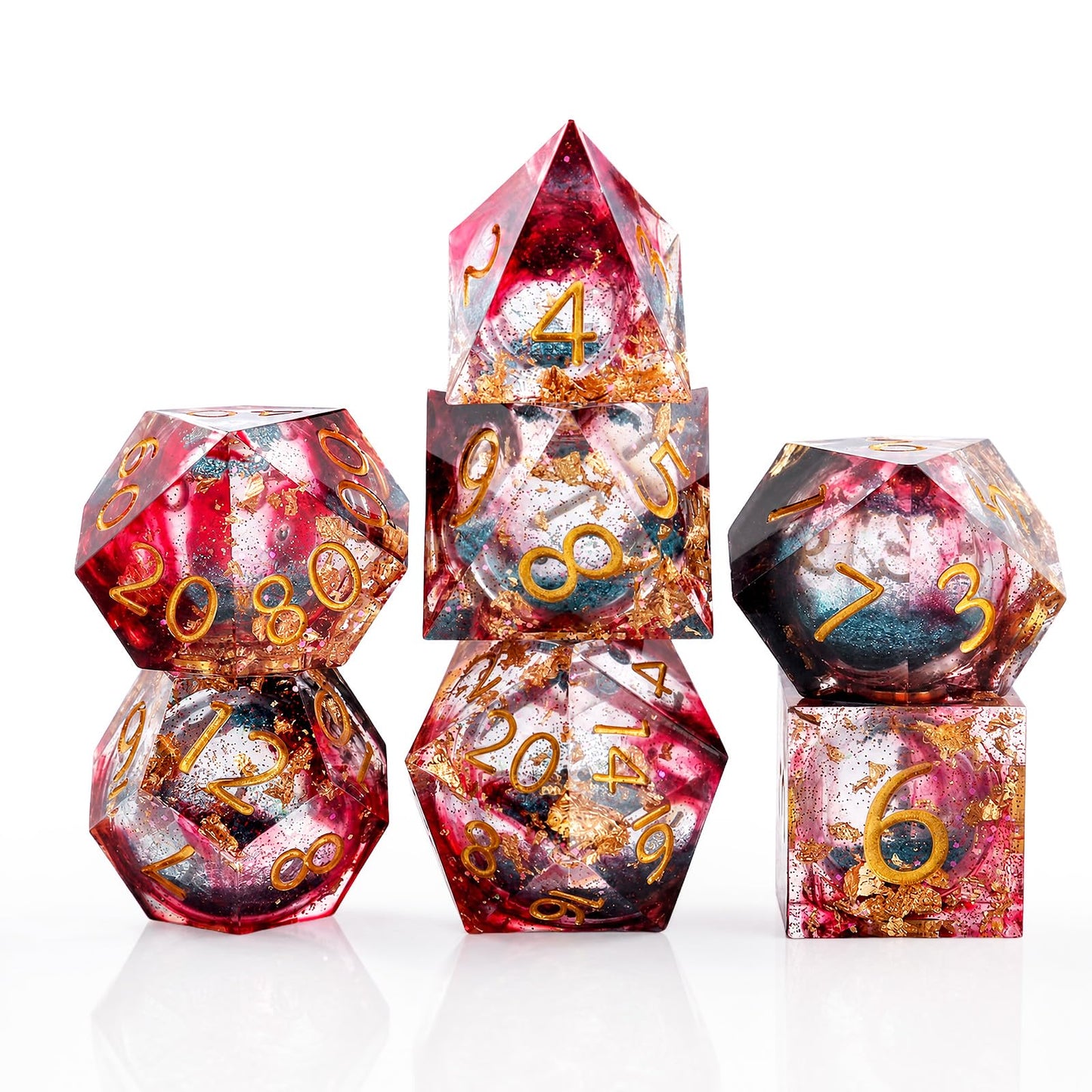 Haxtec Blood Red Liquid Core Sharp Edge Resin DND Dice Set with Metal Case