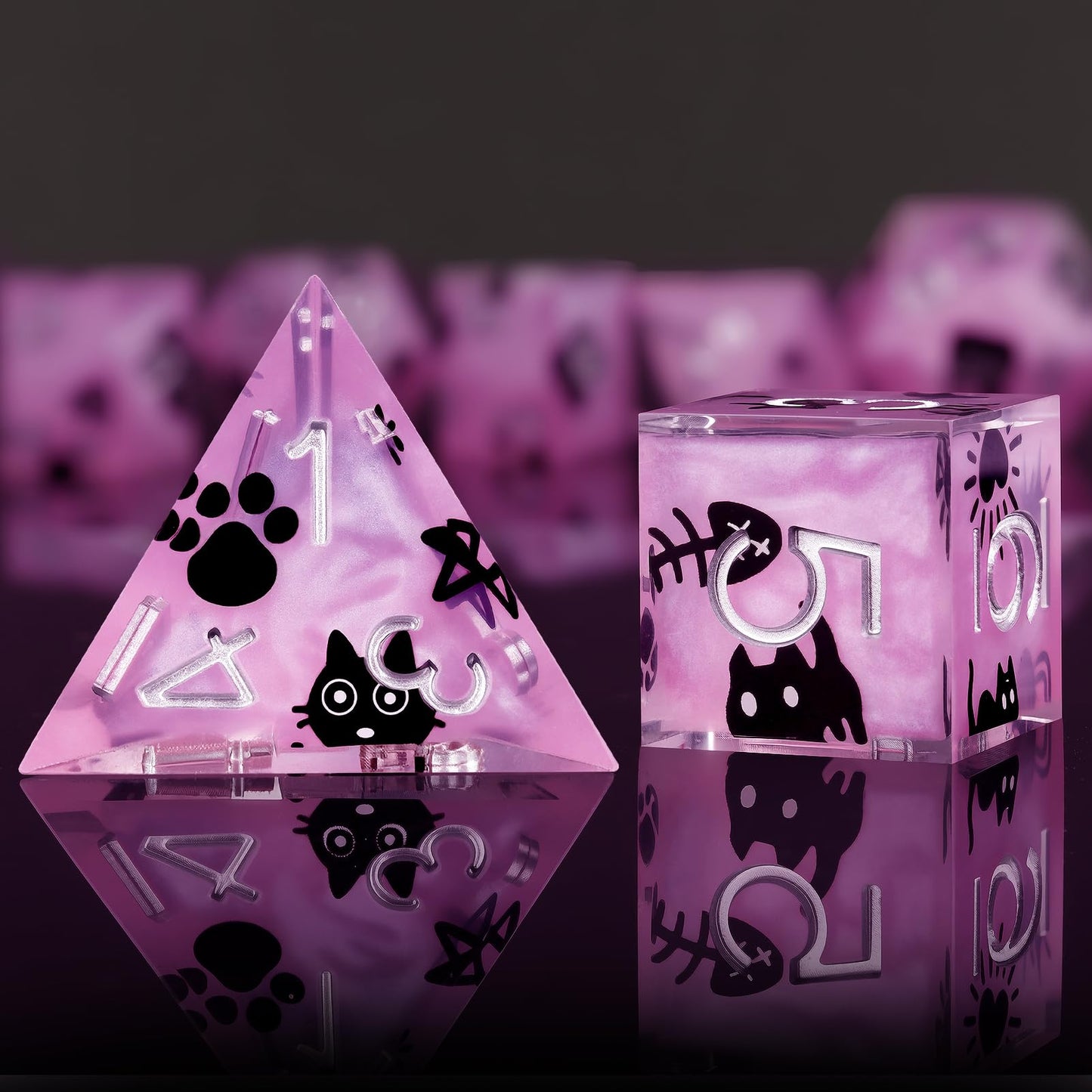 Haxtec Black Cat on Purple Sharp Edge Resin D&D Dice Set with Metal Case for Dungeons and Dragons Gift
