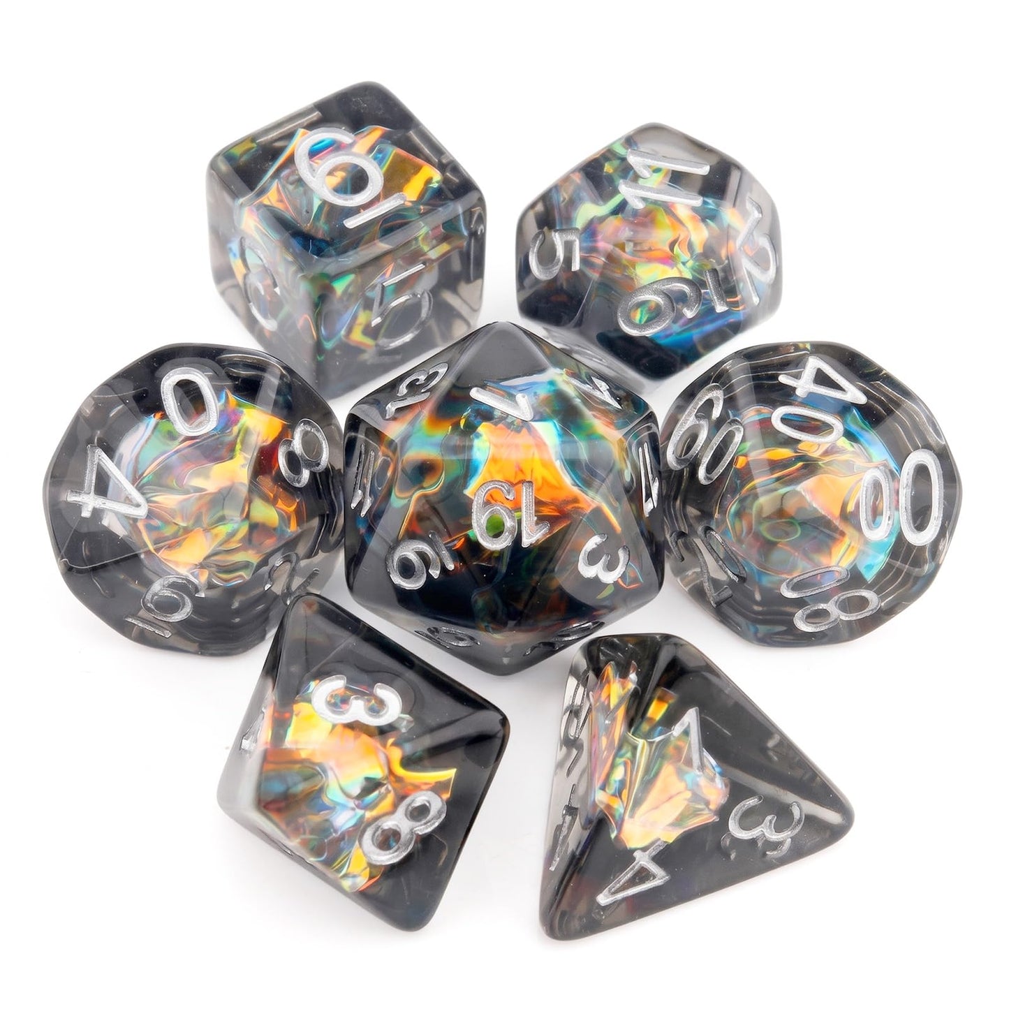 Haxtec Black Rainbow Iridescent Mylar Core Resin Dice with Velvet Pouch
