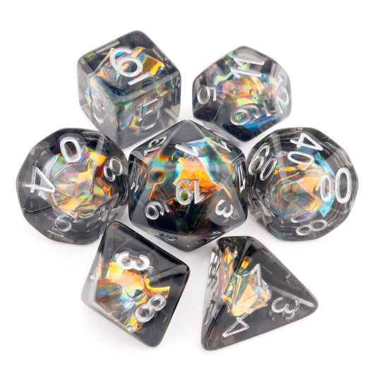 Haxtec Black Rainbow Iridescent Mylar Core Resin Dice with Velvet Pouch