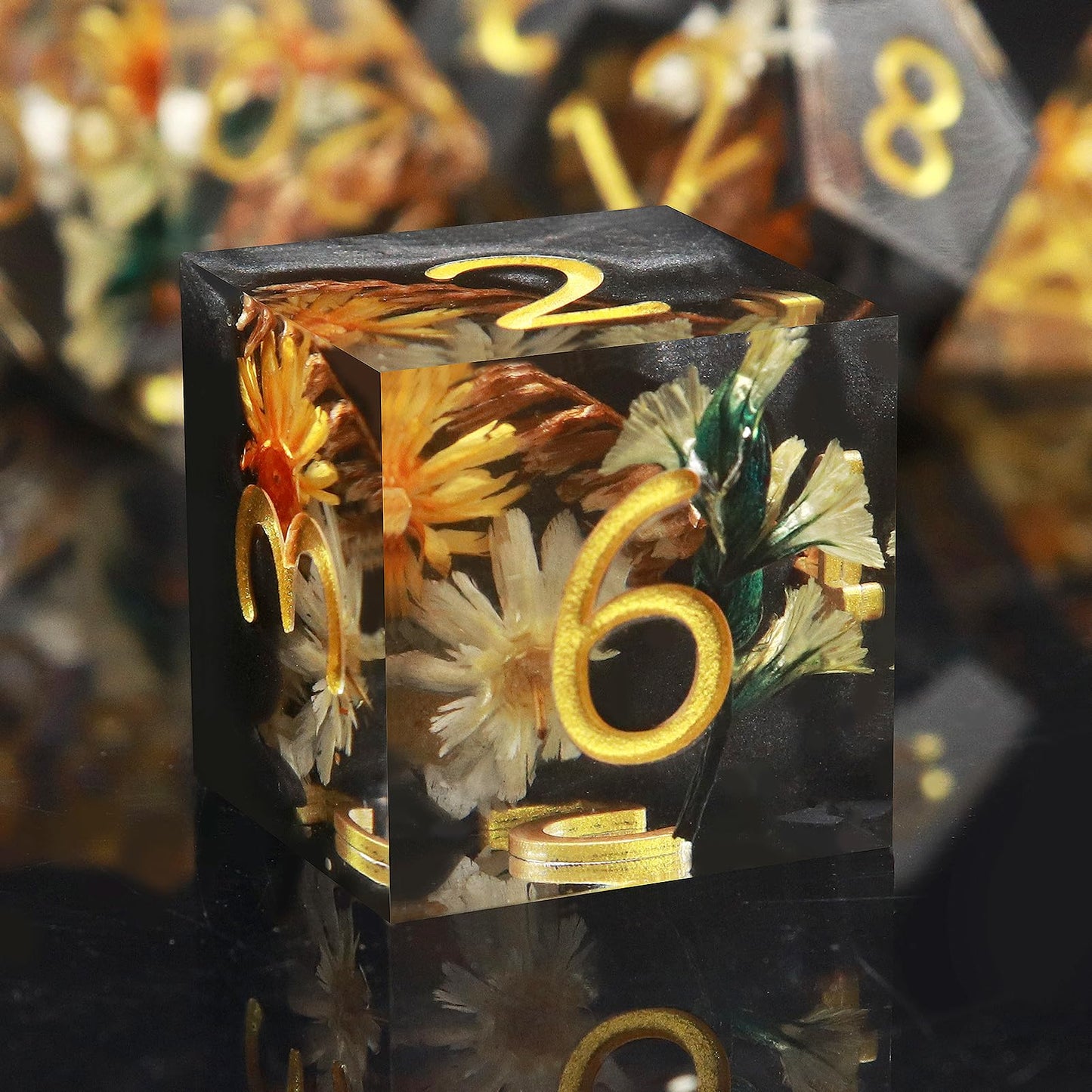 Haxtec Black Pearl Winter Flower Sharp Edge Resin D&D Dice Set with Metal Case