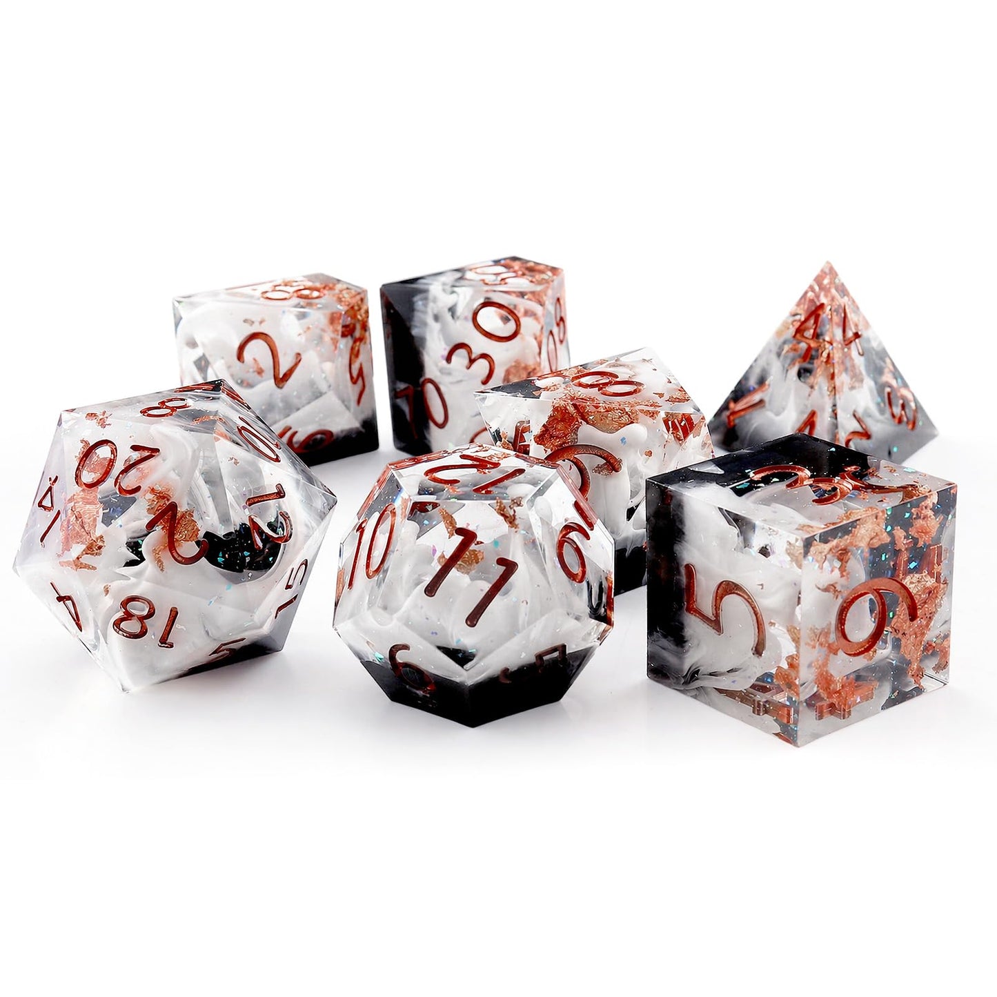 Haxtec Ocean Blue Sharp Edge Resin Gold Flake Inside D&D Dice Set – White Copper Polyhedral Dice with Metal Case