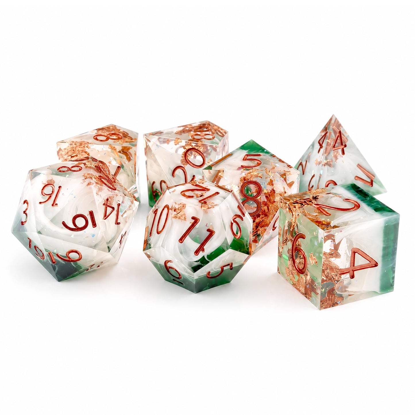 Haxtec Ocean Blue Sharp Edge Resin Gold Flake Inside D&D Dice Set – White Copper Polyhedral Dice with Metal Case