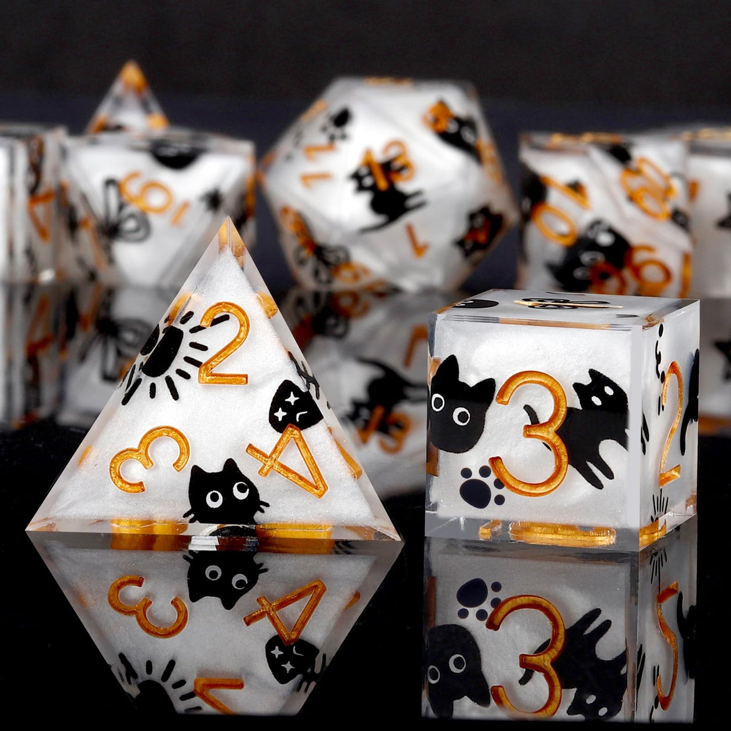 Haxtec White Cat Sharp Edge Resin D&D Dice Set with Metal Case for Dungeons and Dragons Gift