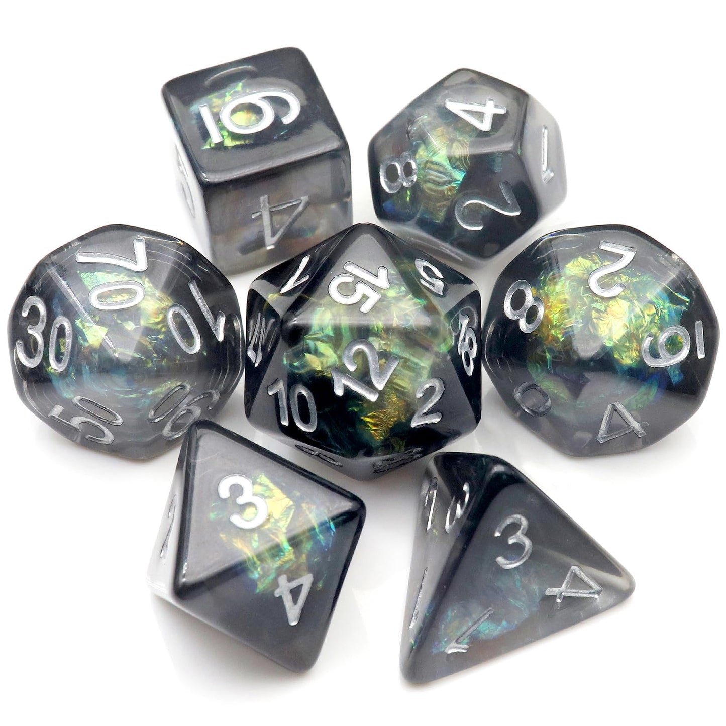 Haxtec Black Green Iridescent Mylar Core Resin DnD Dice Set with Velvet Pouch