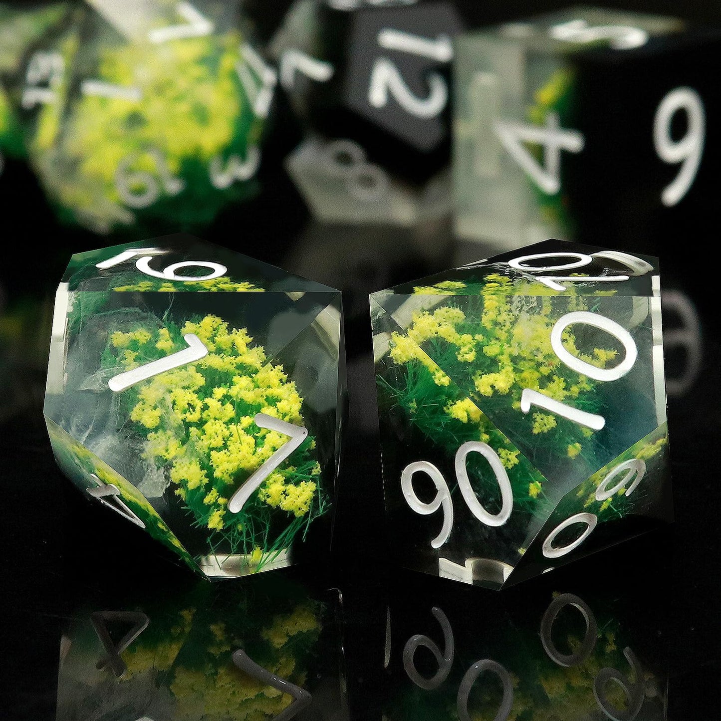 Haxtec Yellow Flower Meadow Sharp Edge Resin D&D Dice Set with Metal Case