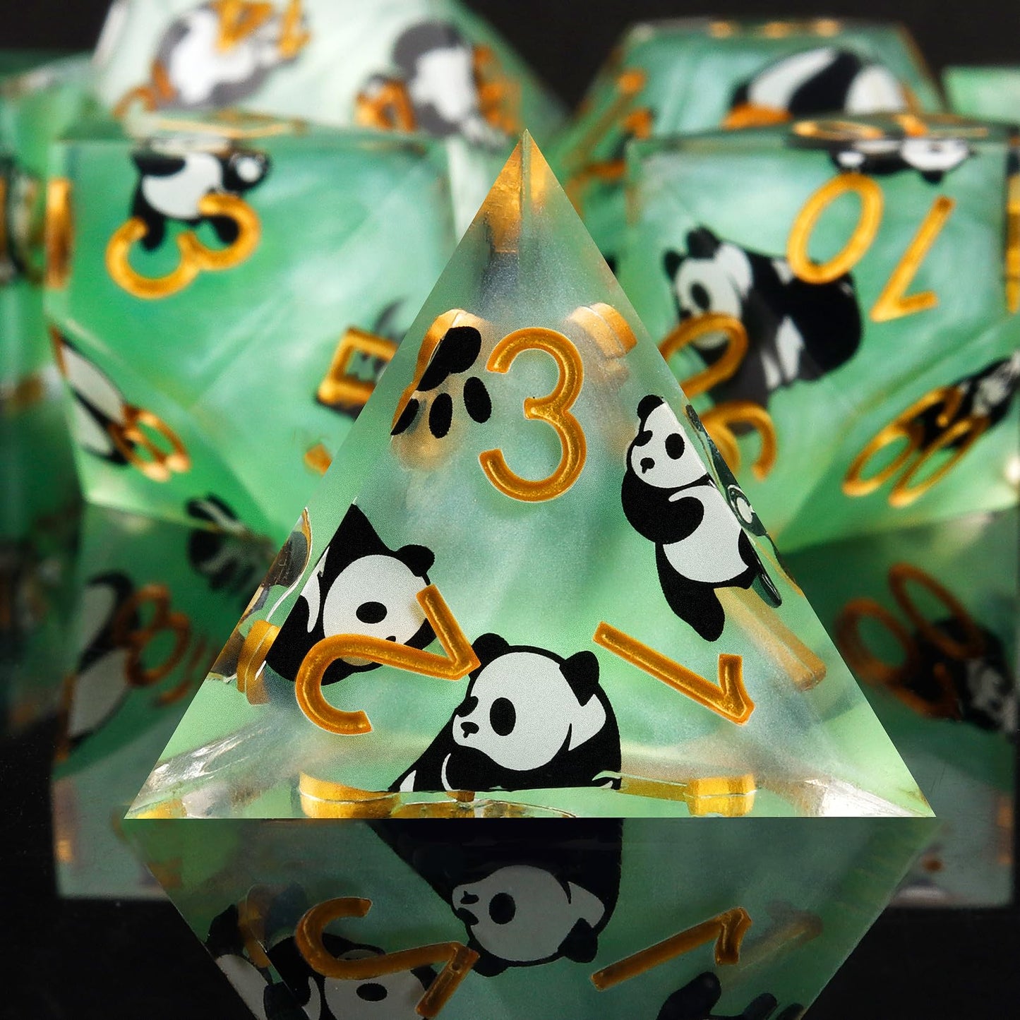 Haxtec Green Panda Sharp Edge Resin D&D Dice Set with Metal Case for Dungeons and Dragons Gift
