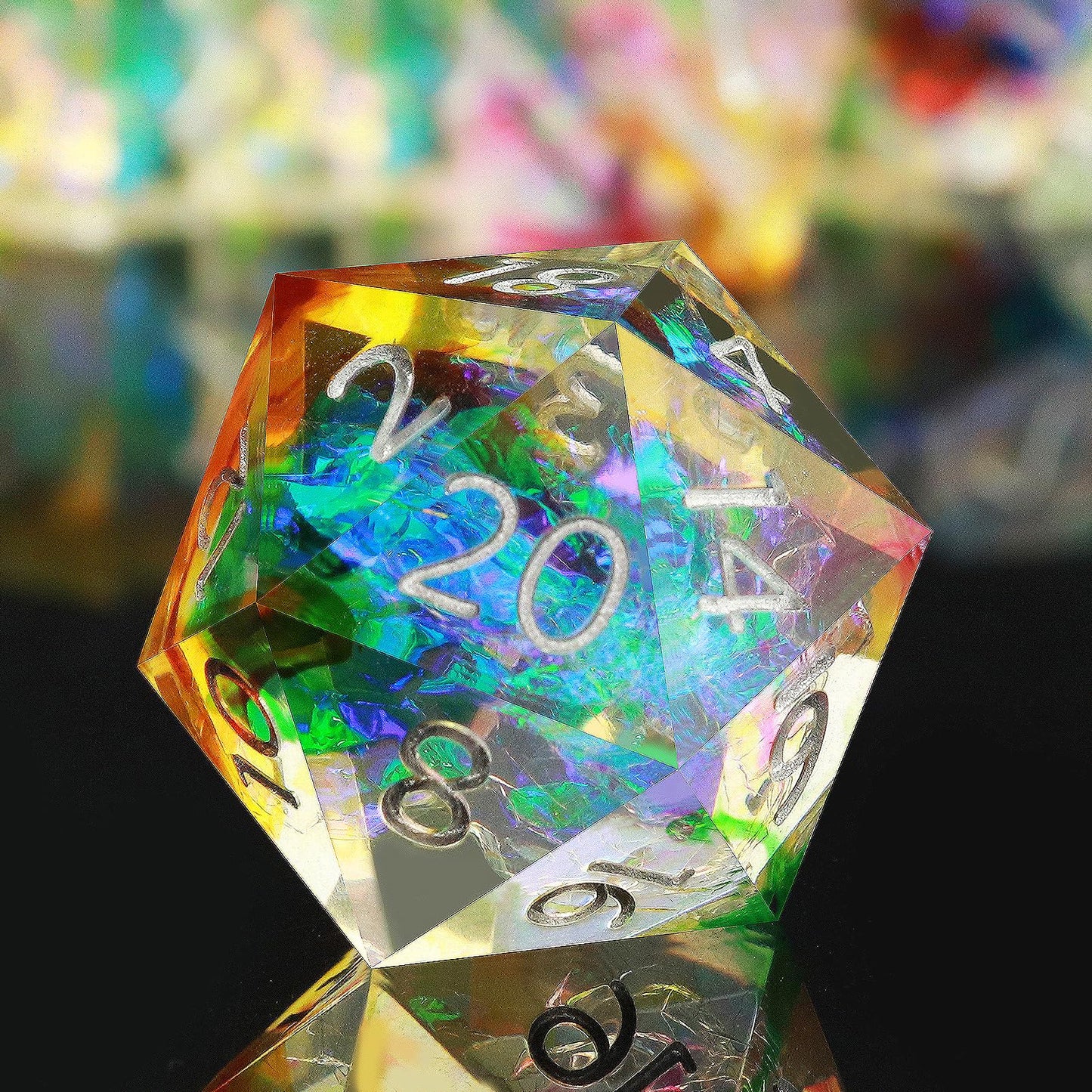 Haxtec Clear Resin Sharp Edge DND Dice Set – Rainbow Holographic Polyhedral Dice with Metal Case