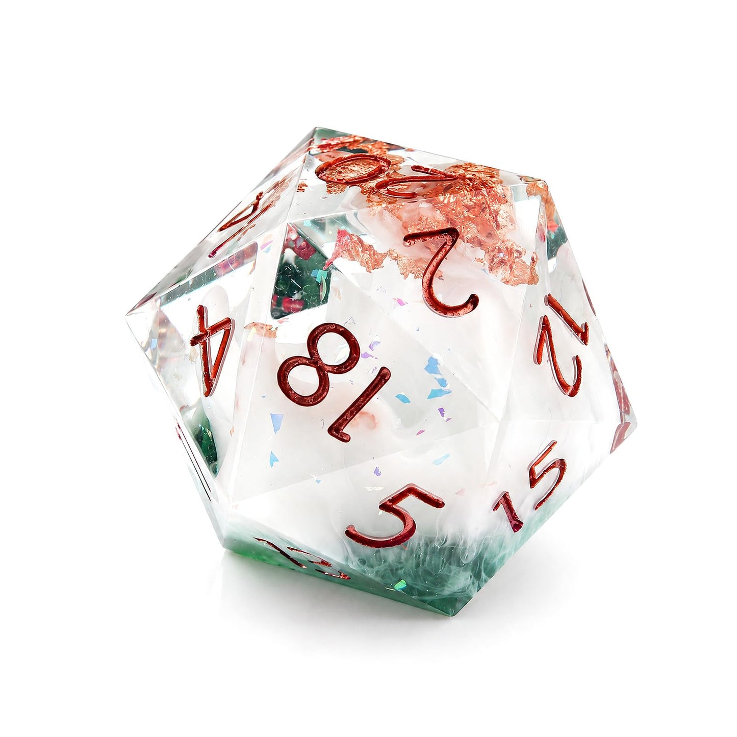 Haxtec Forest Landscape Sharp Edge Resin D&D Dice Set – Green White Copper Gold Flake insaide with Metal Case