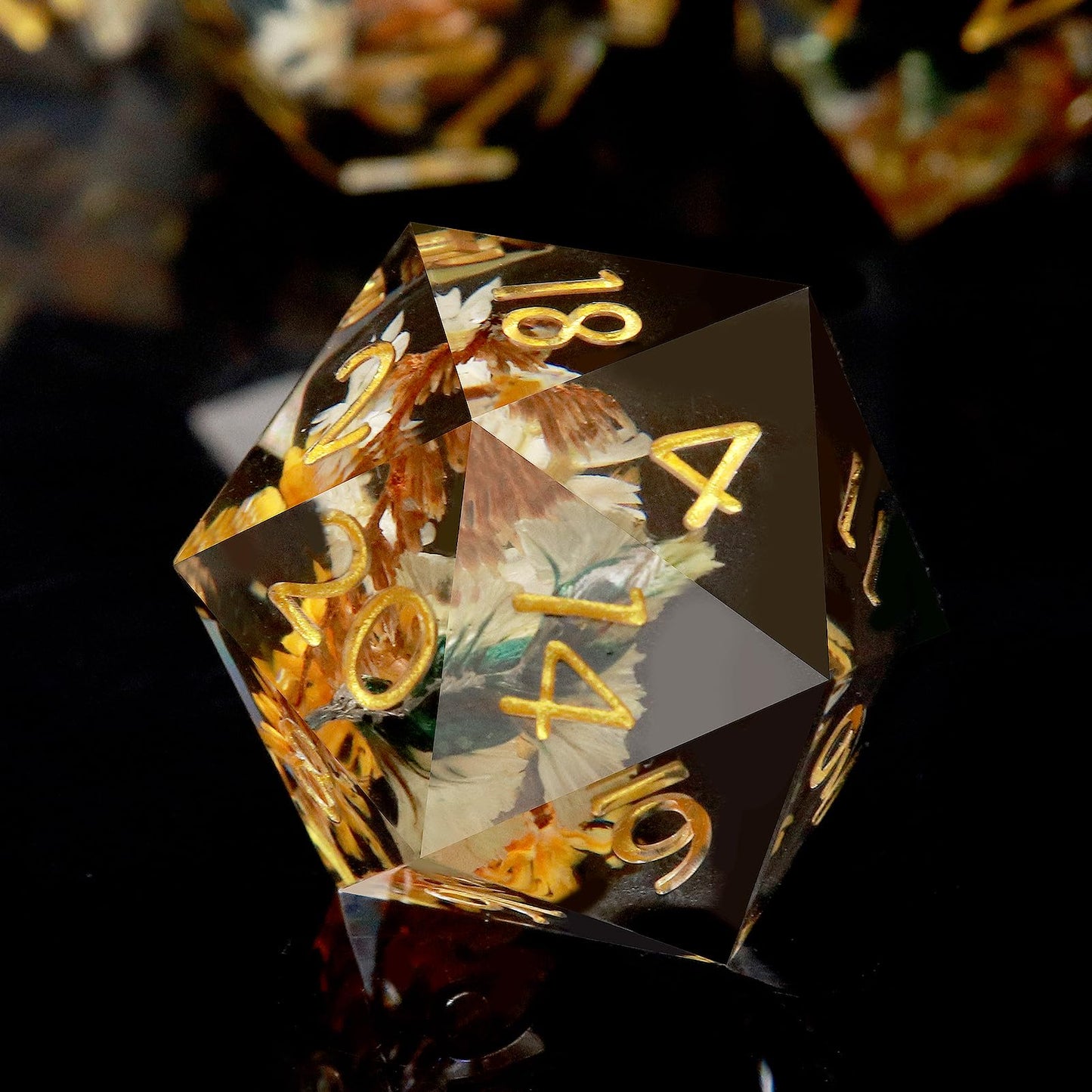Haxtec Black Pearl Winter Flower Sharp Edge Resin D&D Dice Set with Metal Case
