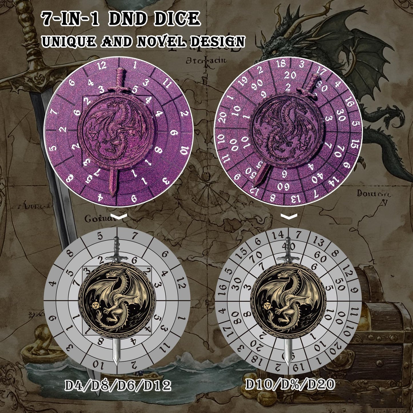 Spinner Dice 7-in-1 Metal DND Dice Set Fidget Spinner Dice Dragon Sword Novelty DND Gifts Purple