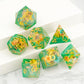 Haxtec Spring Flower Sharp Edge Resin D&D Dice Set – Pearl Green with Floral Inside & Metal Case
