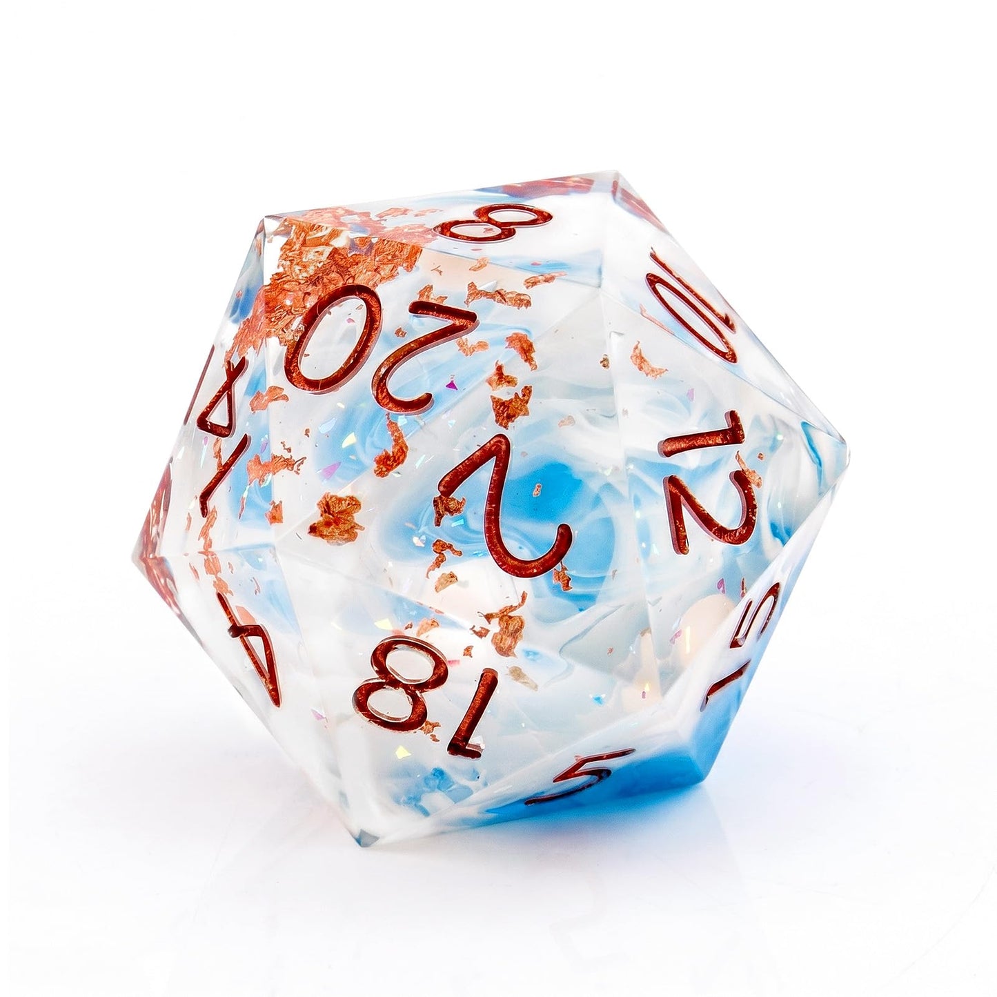 Haxtec Ocean Blue Sharp Edge Resin Gold Flake Inside D&D Dice Set – White Copper Polyhedral Dice with Metal Case