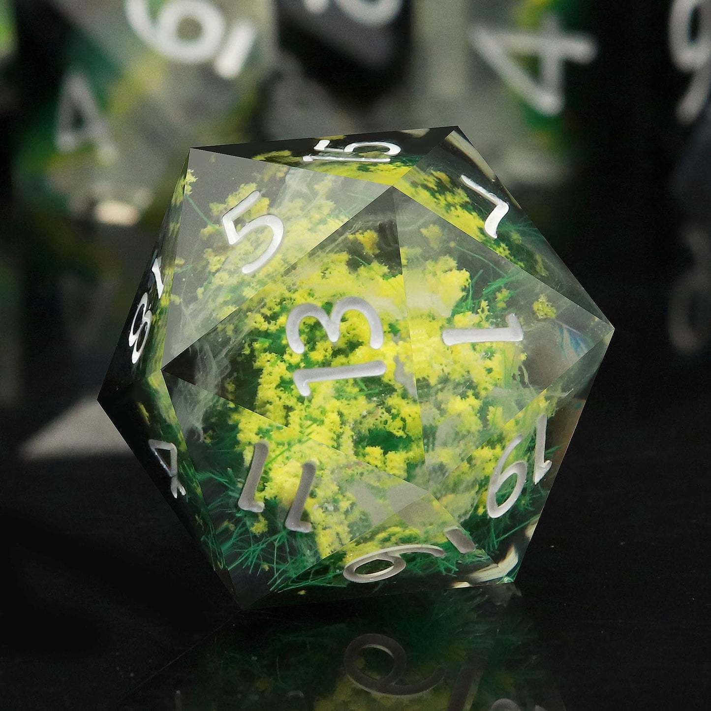Haxtec Yellow Flower Meadow Sharp Edge Resin D&D Dice Set with Metal Case