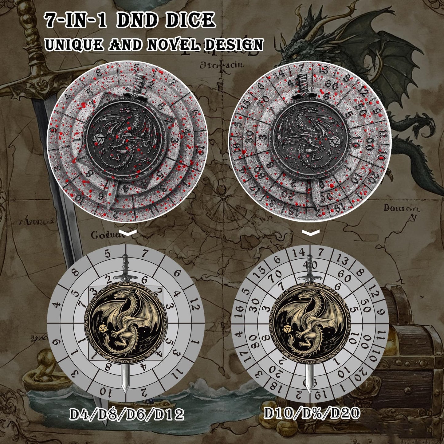 Spinner Dice 7-in-1 Metal DND Dice Set Fidget Spinner Dice Dragon Sword Novelty DND Gifts  Iron Red