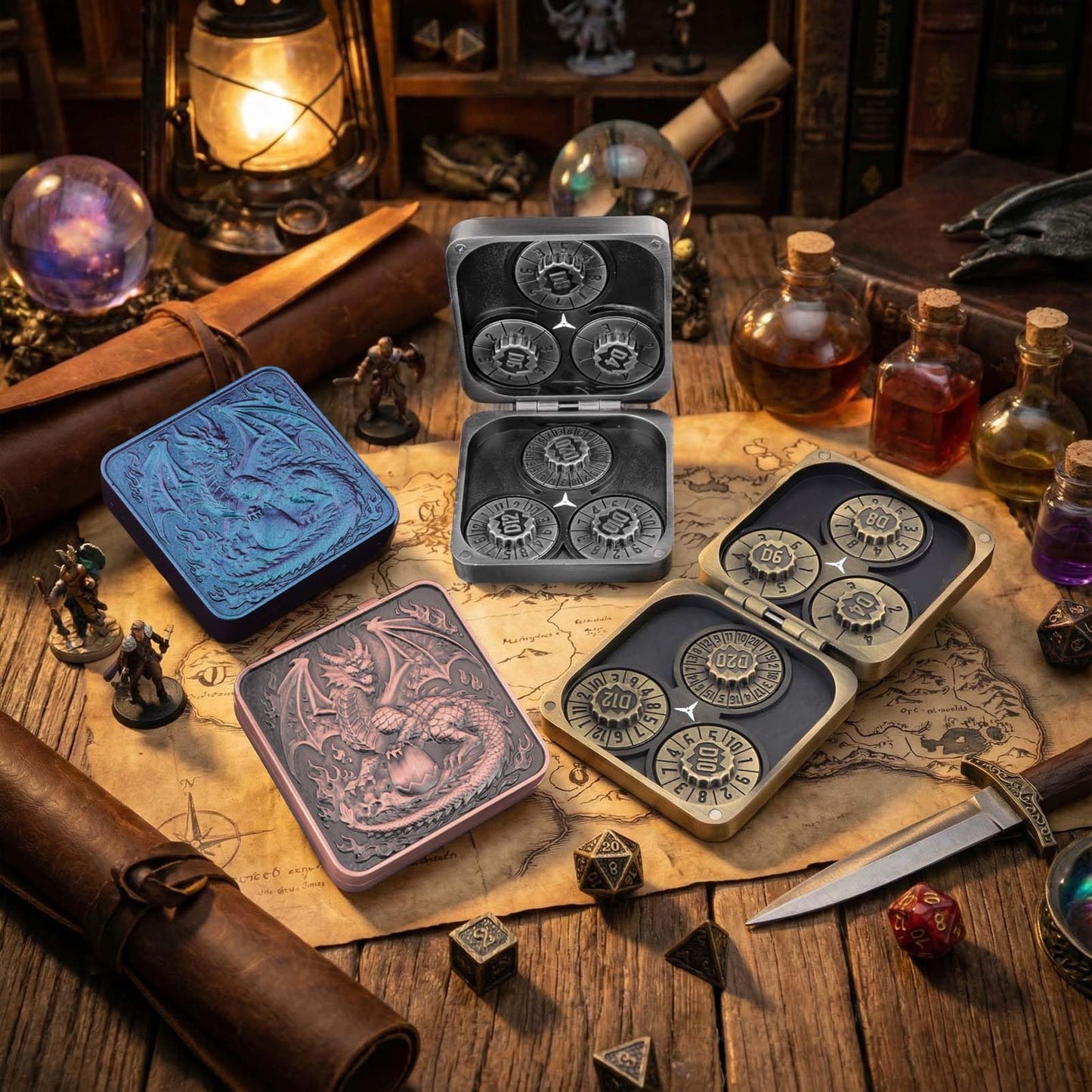 Haxtec Spinner Dice – Foldable 7-in-1 Metal Pocket RPG Set, Cooper