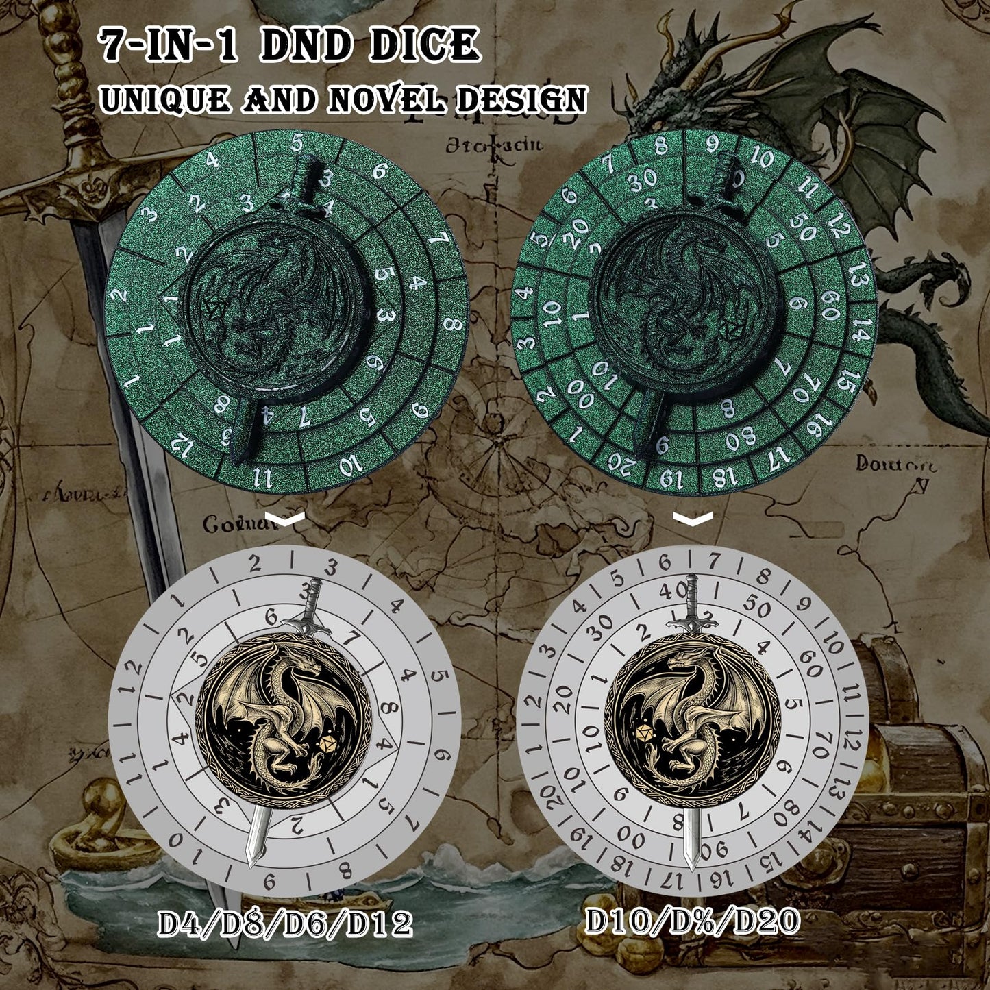 Spinner Dice 7-in-1 Metal DND Dice Set Fidget Spinner Dice Dragon Sword Novelty DND Gifts Green Purple